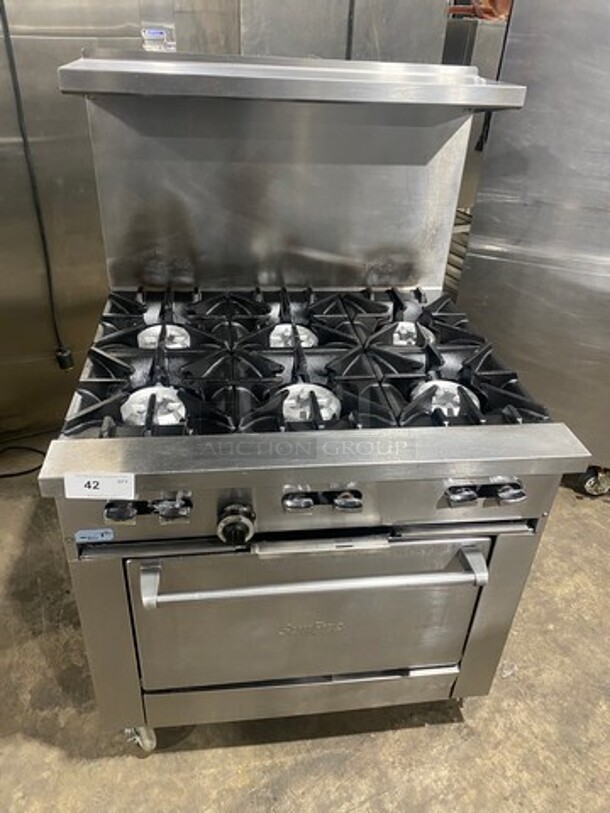 Sunfire Commercial Natural Gas Powered 6 Burner Stove! With Raised Back Splash And Salamander Shelf! With Oven Underneath! All Stainless Steel! On Casters!