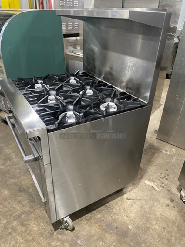 Sunfire Commercial Natural Gas Powered 6 Burner Stove! With Raised Back Splash And Salamander Shelf! With Oven Underneath! All Stainless Steel! On Casters! - Image 3 of 10