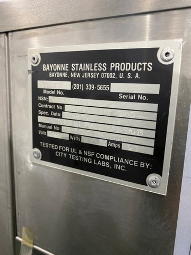 OUT OF THE BOX! NEVER USED! Bayonne Commerical 5 Bay Cold Pan/Cold Food Buffet Counter! With Folding Serving Counter! With 2 Shelf Storage Underneath! All Stainless Steel! On Legs! Model: CPM-72 SN: 7195 120V 60HZ 1 Phase - Image 5 of 8
