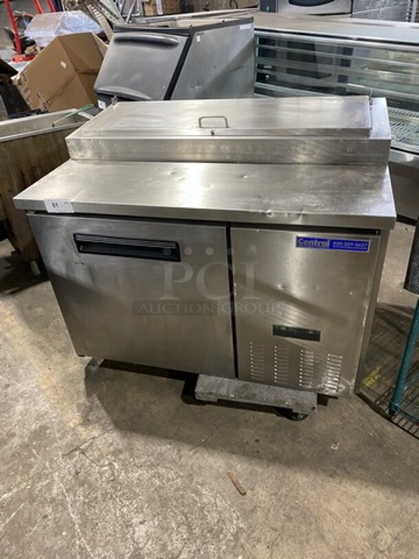 Central Commercial Refrigerated Pizza Prep Table! With Single Door Storage Space Underneath! With Poly Coated Racks! All Stainless Steel! Model: 69K013 SN: 5064981 115V 60HZ 1 Phase