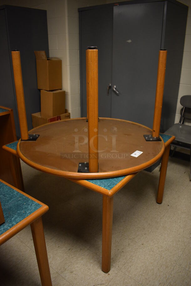 2 Various Wooden Library Tables w/ Blue Tabletop. 48x48x29.5, 42x42x29.5. 2 Times Your Bid! (MS: Downstairs 005)