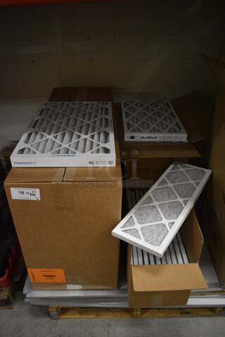 4 Boxes of Various BRAND NEW! Filters; Two Boxes of 12 Pamlico Air 16x25x2, Box of 12 Pamlico Air 8x24x1 and Box of 12 Pamlico Air 14x20x2. 4 Times Your Bid! (HS: Backroom)
