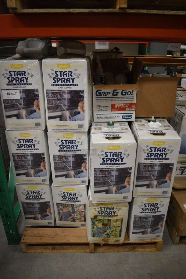 PALLET LOT Including 25 BRAND NEW Star Spray Glass Cleaner, 9 Used Star Spray Glass Cleaner and Poly Spray Bottles. Includes 9.5x9.5x16. (HS: Backroom)