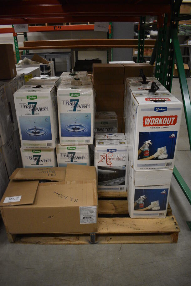 PALLET LOT Including 4 BRAND NEW True Seven Neutral Cleaner, 4 Used True Seven Neutral Cleaner, 3 BRAND NEW Tenacity All Purpose Cleaner, 1 Used Tenacity All Purpose Cleaner, 3 BRAND NEW Work Out Muscle Cleaner, 3 Used Work Out Muscle Cleaner and 1 BRAND NEW Marauder Environmental General Purpose Cleaner and Poly Spray Bottles. Includes 9.5x9.5x16. (HS: Backroom) - Image 1 of 8