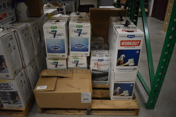 PALLET LOT Including 4 BRAND NEW True Seven Neutral Cleaner, 4 Used True Seven Neutral Cleaner, 3 BRAND NEW Tenacity All Purpose Cleaner, 1 Used Tenacity All Purpose Cleaner, 3 BRAND NEW Work Out Muscle Cleaner, 3 Used Work Out Muscle Cleaner and 1 BRAND NEW Marauder Environmental General Purpose Cleaner and Poly Spray Bottles. Includes 9.5x9.5x16. (HS: Backroom) - Image 2 of 8