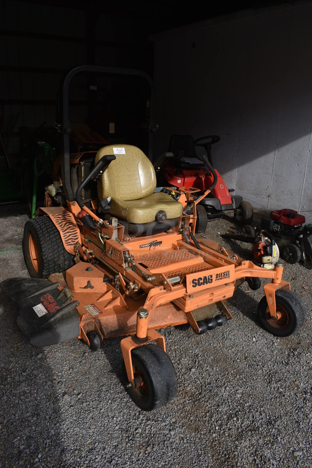 Scag STT61V-28CAT-SS Metal Commercial Diesel Powered Turf Tiger Riding Lawn Mower. Hours Read 849. BUYER MUST REMOVE. 80x90x70. Unit Was In Working Condition During The Last Mowing Season. (HS: Garage 1) - Image 4 of 12