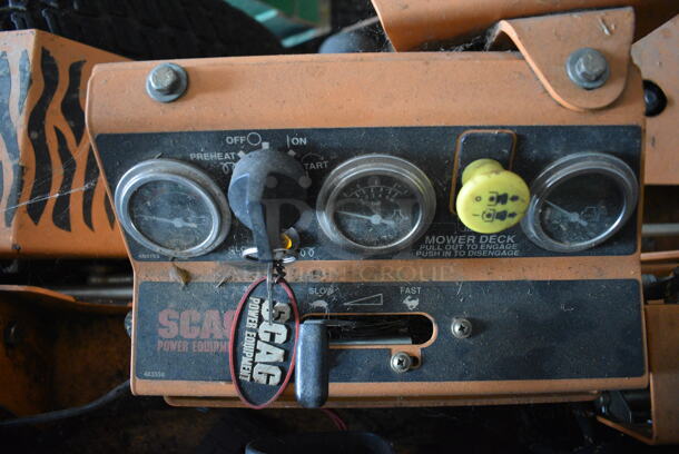 Scag STT-28CAT-SS Metal Commercial Turf Tiger Riding Lawn Mower. Unit Has Had Some Parts Removed. BUYER MUST REMOVE. 84x95x67. (HS: Garage 1) - Image 6 of 10
