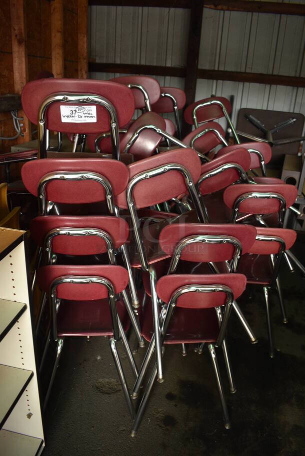 ALL ONE MONEY! Lot of Various Items Including Table, 26 Maroon Chairs and 6 Yellow chairs. BUYER MUST REMOVE. Includes 16x19x34. (HS: Garage 4)