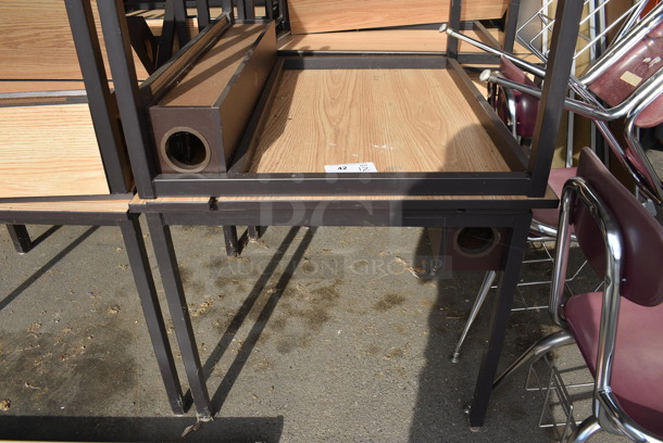 11 Wood Pattern Tables on Metal Legs. 35.5x30x26.5. 11 Times Your Bid! (HS: Garage 4)