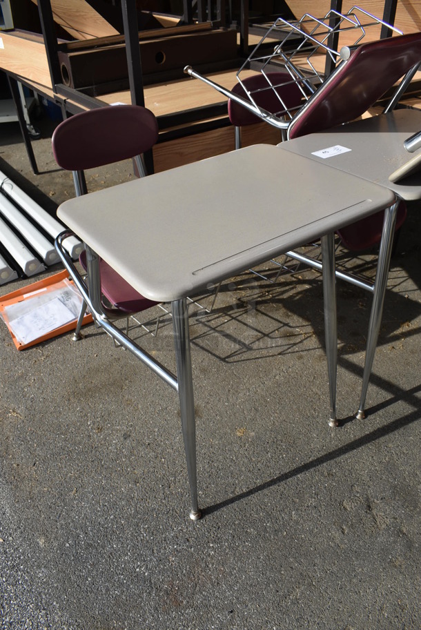3 Gray Metal Desks w/ Attached Maroon Seat. 24x33x33.5. 3 Times Your Bid! (HS: Garage 4)