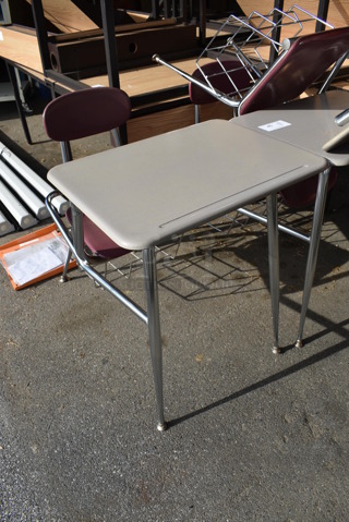3 Gray Metal Desks w/ Attached Maroon Seat. 24x33x33.5. 3 Times Your Bid! (HS: Garage 4)