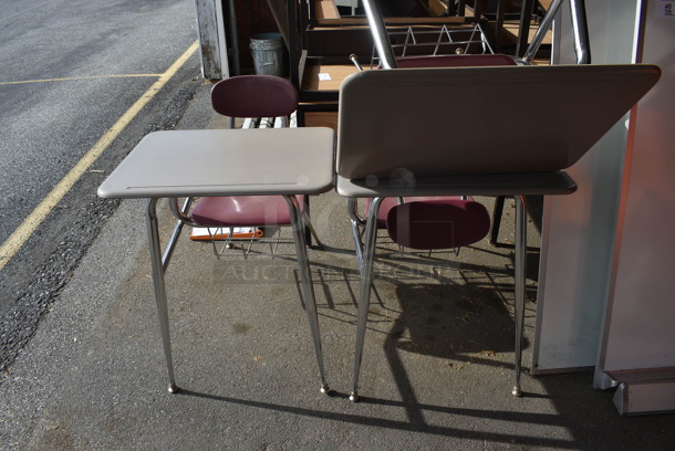 3 Gray Metal Desks w/ Attached Maroon Seat. 24x33x33.5. 3 Times Your Bid! (HS: Garage 4) - Image 2 of 5