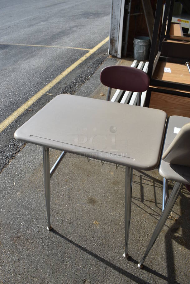 3 Gray Metal Desks w/ Attached Maroon Seat. 24x33x33.5. 3 Times Your Bid! (HS: Garage 4) - Image 3 of 5