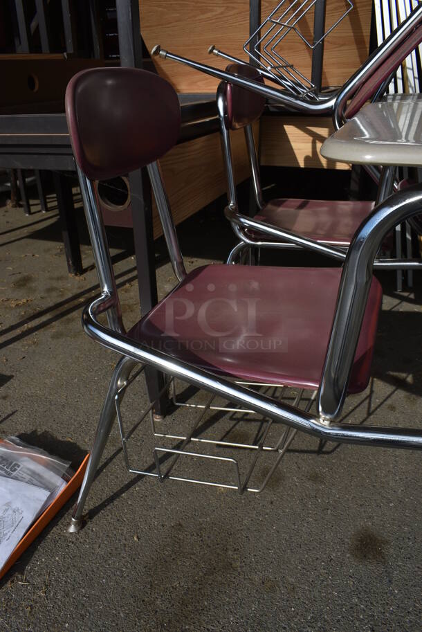 3 Gray Metal Desks w/ Attached Maroon Seat. 24x33x33.5. 3 Times Your Bid! (HS: Garage 4) - Image 4 of 5