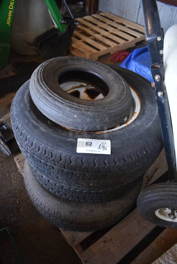 ALL ONE MONEY! Lot of 4 Various Tires Including Carlisle 4.80-8NHS and Wheelbarrow. Includes 15x4x15, 26x8x26. (HS: Garage 5)