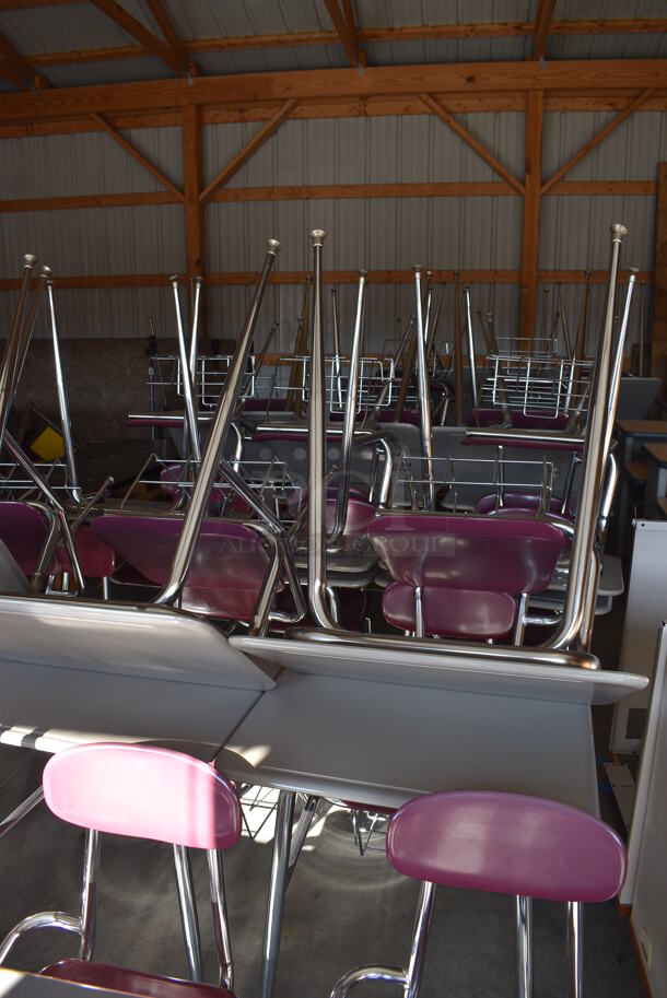 36 Gray Metal Desks w/ Attached Maroon Seat. BUYER MUST REMOVE. 24x33x33.5. 36 Times Your Bid! (HS: Garage 6) - Image 4 of 6