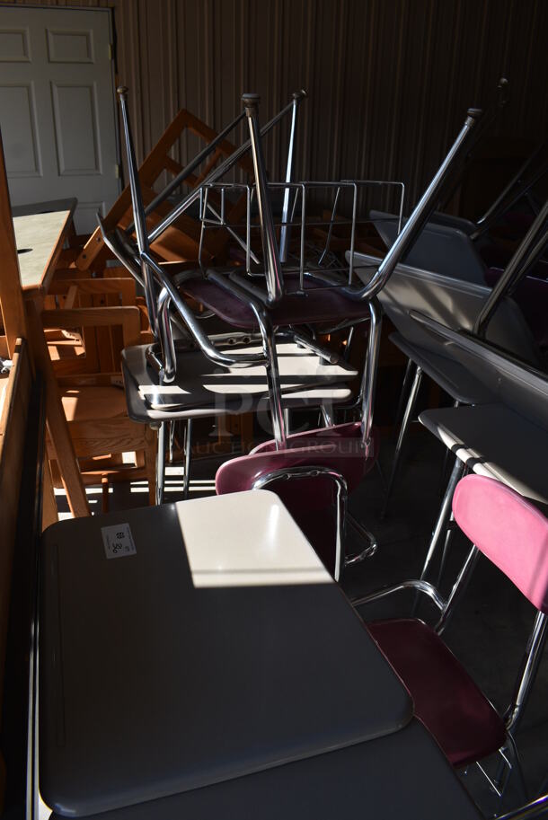36 Gray Metal Desks w/ Attached Maroon Seat. BUYER MUST REMOVE. 24x33x33.5. 36 Times Your Bid! (HS: Garage 6) - Image 6 of 6