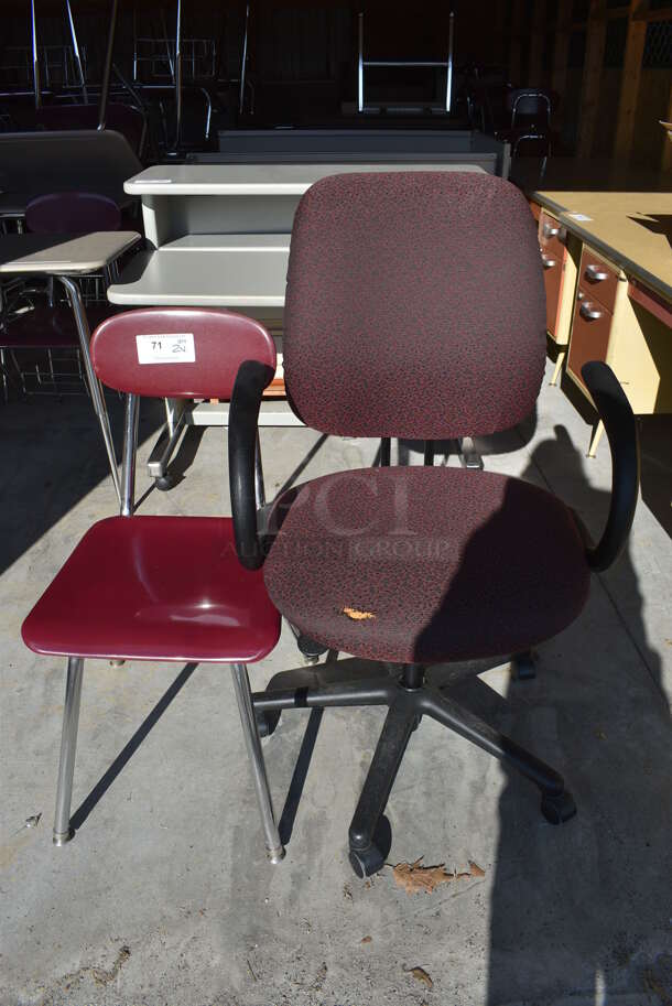 ALL ONE MONEY! Lot of 2 Chairs; Maroon Office Chair on Casters and Maroon Metal Chair. 24x24x43, 16x17x33. (HS: Garage 6)