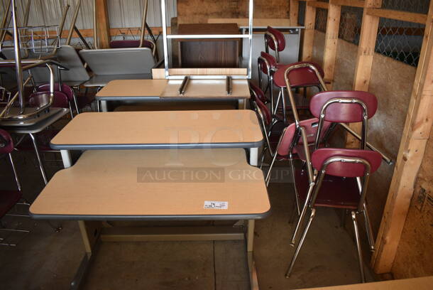 ALL ONE MONEY! Lot of 4 Various Desks, 8 Maroon Metal Chairs, 2 Podiums. BUYER MUST REMOVE. (HS: Garage 6)