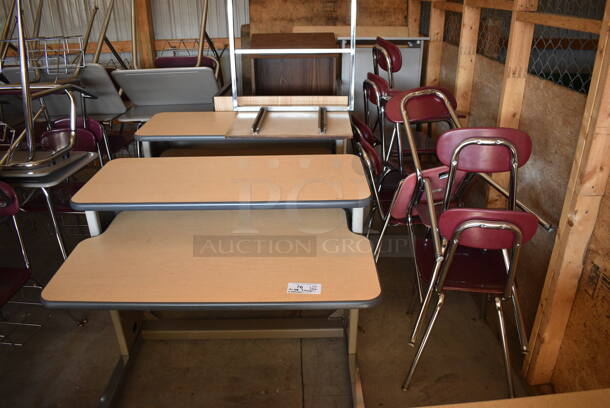 ALL ONE MONEY! Lot of 4 Various Desks, 8 Maroon Metal Chairs, 2 Podiums. BUYER MUST REMOVE. (HS: Garage 6) - Image 1 of 7