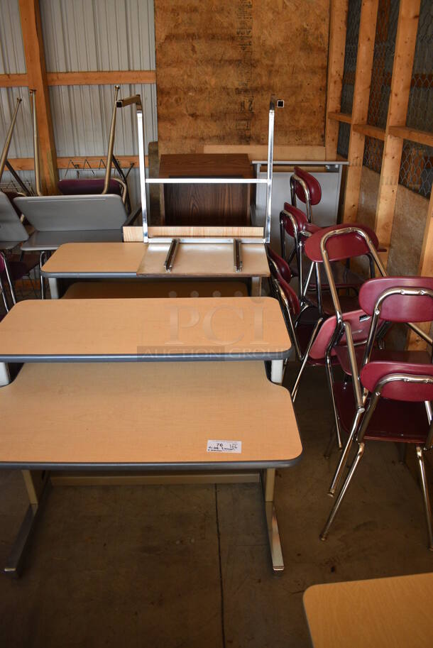 ALL ONE MONEY! Lot of 4 Various Desks, 8 Maroon Metal Chairs, 2 Podiums. BUYER MUST REMOVE. (HS: Garage 6) - Image 2 of 7