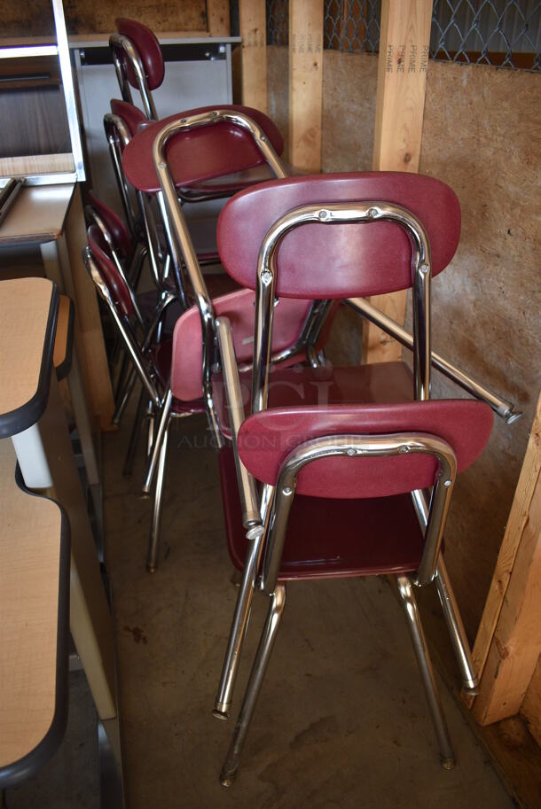ALL ONE MONEY! Lot of 4 Various Desks, 8 Maroon Metal Chairs, 2 Podiums. BUYER MUST REMOVE. (HS: Garage 6) - Image 3 of 7