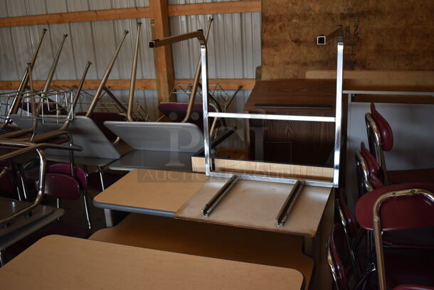 ALL ONE MONEY! Lot of 4 Various Desks, 8 Maroon Metal Chairs, 2 Podiums. BUYER MUST REMOVE. (HS: Garage 6) - Image 5 of 7