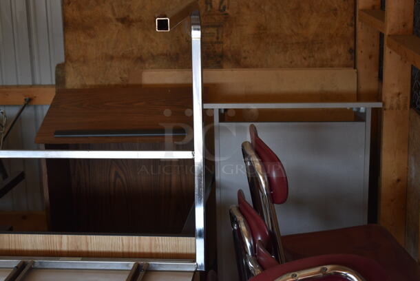 ALL ONE MONEY! Lot of 4 Various Desks, 8 Maroon Metal Chairs, 2 Podiums. BUYER MUST REMOVE. (HS: Garage 6) - Image 6 of 7