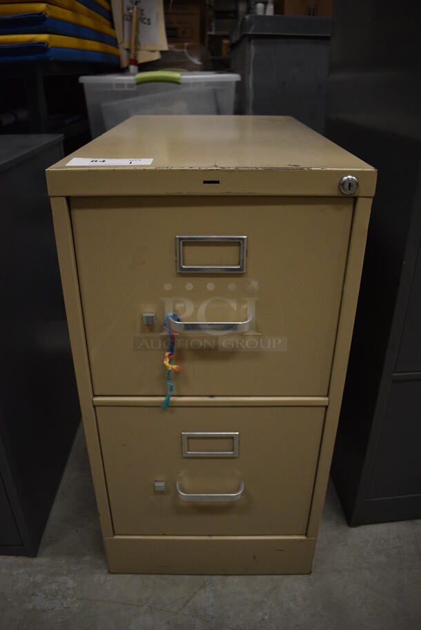 Tan Metal 2 Drawer Filing Cabinet. 15x26.5x29. (HS: Backroom)