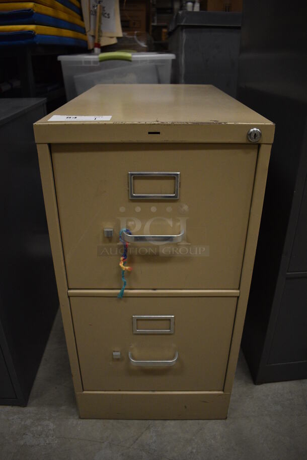 Tan Metal 2 Drawer Filing Cabinet. 15x26.5x29. (HS: Backroom) - Image 1 of 5