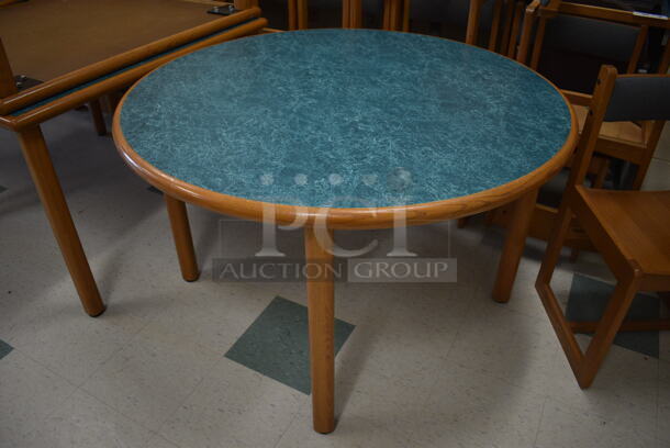 2 Various Wooden Library Tables w/ Blue Tabletop. 48x48x29.5, 42x42x29.5. 2 Times Your Bid! (MS: Downstairs 005) - Image 2 of 5