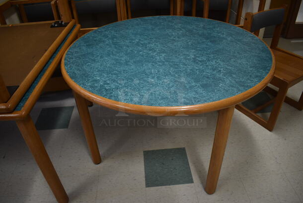 3 Wooden Round Library Table w/ Blue Tabletop. 48x48x29.5. 3 Times Your Bid! (MS: 115 Classroom) - Image 2 of 5