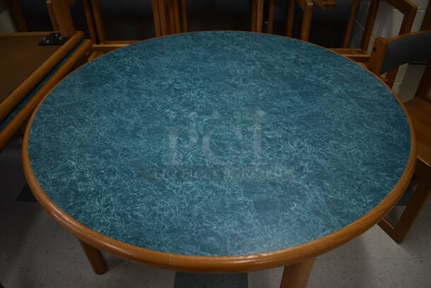 3 Wooden Round Library Table w/ Blue Tabletop. 48x48x29.5. 3 Times Your Bid! (MS: 115 Classroom) - Image 3 of 5