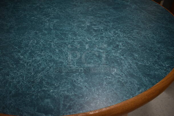 3 Wooden Round Library Table w/ Blue Tabletop. 48x48x29.5. 3 Times Your Bid! (MS: 115 Classroom) - Image 4 of 5