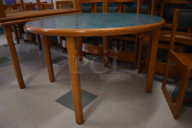 3 Wooden Round Library Table w/ Blue Tabletop. 48x48x29.5. 3 Times Your Bid! (MS: 115 Classroom) - Image 5 of 5
