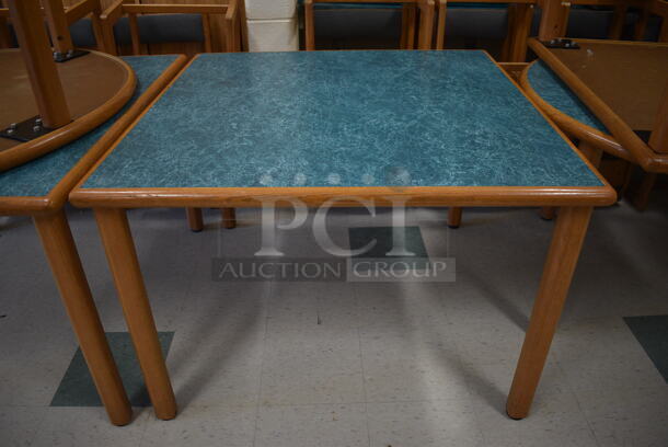 2 Various Wooden Library Tables w/ Blue Tabletop. 48x48x29.5, 42x42x29.5. 2 Times Your Bid! (MS: Downstairs 005) - Image 3 of 5