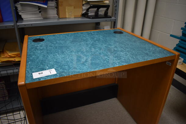 Wooden Desk w/ Blue Desktop. 35.5x29x32.5. (MS: Downstairs 005) - Image 3 of 3