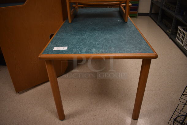 Wooden Library Table w/ Blue Tabletop. 62.5x32.5x29. (MS: Downstairs 005)