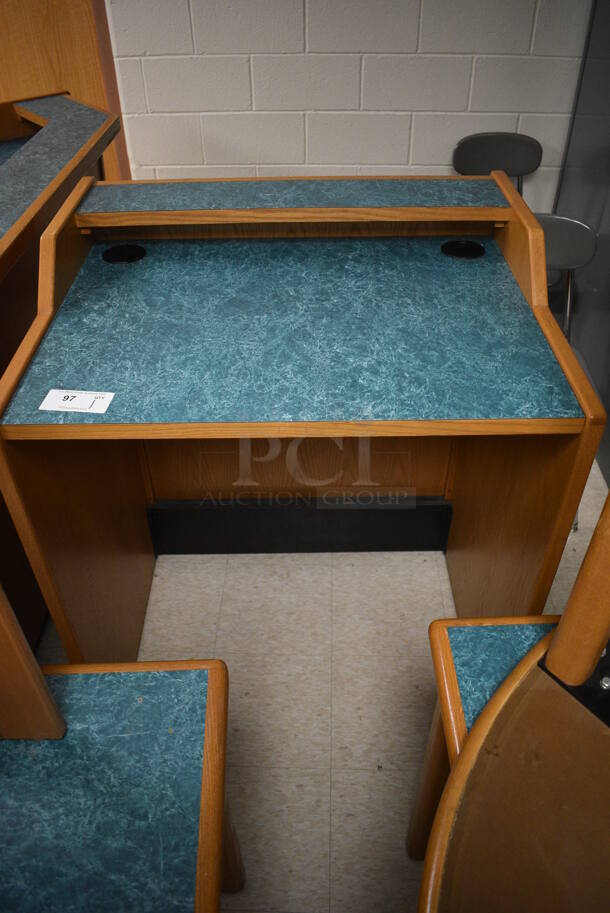 Wooden Library Desk w/ Blue Desktop. 35x29x42. (MS: Downstairs 005)