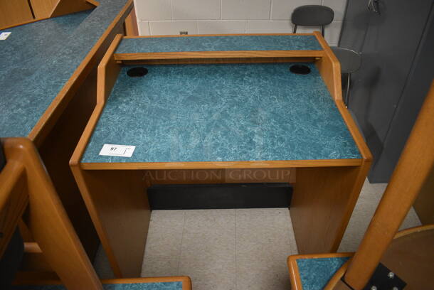 Wooden Library Desk w/ Blue Desktop. 35x29x42. (MS: Downstairs 005) - Image 2 of 4