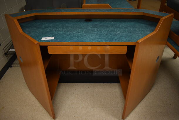 Wooden Library Desk w/ Drawer and Blue Desktop. 72x31x43. (MS: Downstairs 005)