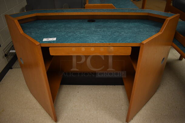 Wooden Library Desk w/ Drawer and Blue Desktop. 72x31x43. (MS: Downstairs 005) - Image 1 of 5