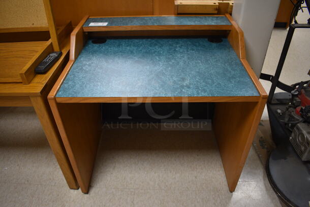 Wooden Library Desk w/ Blue Desktop. 35.5x29x33. (MS: Downstairs 005)