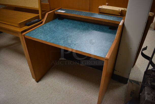 Wooden Library Desk w/ Blue Desktop. 35.5x29x33. (MS: Downstairs 005) - Image 2 of 4