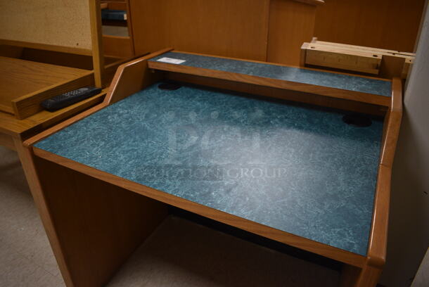 Wooden Library Desk w/ Blue Desktop. 35.5x29x33. (MS: Downstairs 005) - Image 3 of 4