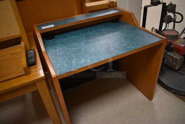 Wooden Library Desk w/ Blue Desktop. 35.5x29x33. (MS: Downstairs 005) - Image 4 of 4