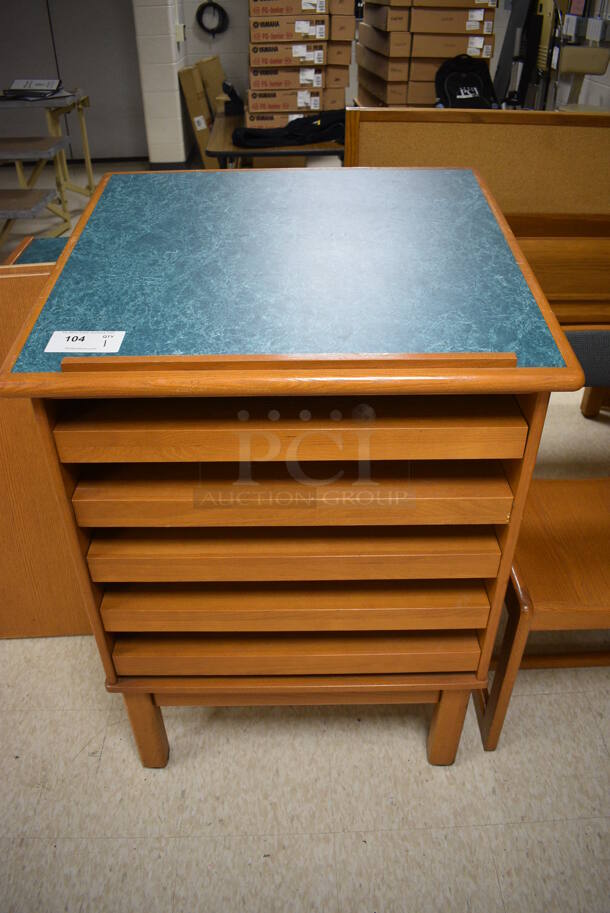 Wooden Table w/ 5 Pull Out Layers and Blue Tabletop. 30x29x42. (MS: Downstairs 005)