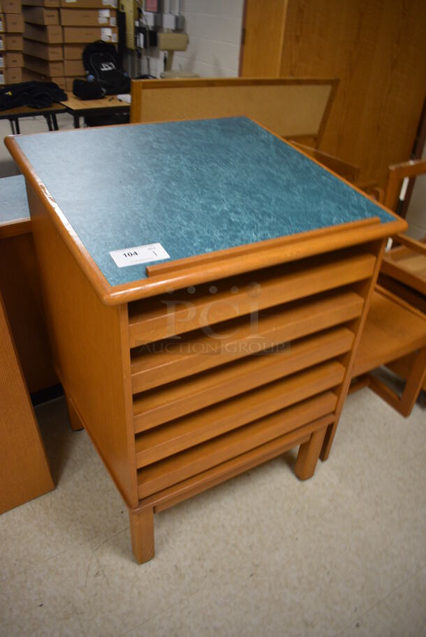 Wooden Table w/ 5 Pull Out Layers and Blue Tabletop. 30x29x42. (MS: Downstairs 005) - Image 2 of 5