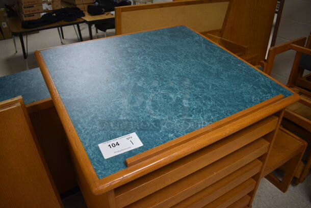 Wooden Table w/ 5 Pull Out Layers and Blue Tabletop. 30x29x42. (MS: Downstairs 005) - Image 3 of 5