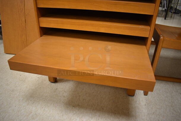 Wooden Table w/ 5 Pull Out Layers and Blue Tabletop. 30x29x42. (MS: Downstairs 005) - Image 4 of 5